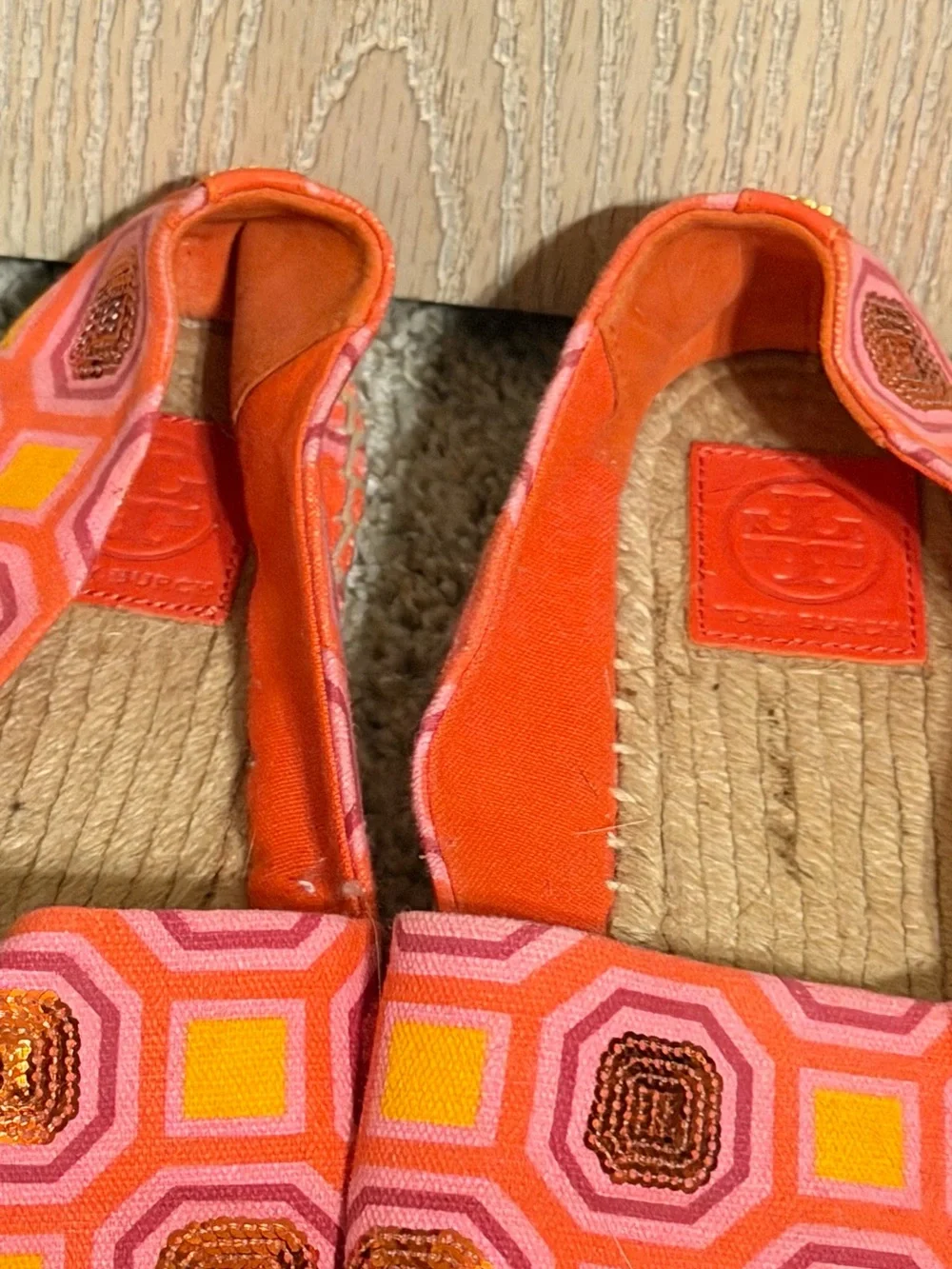 Tory Burch Pink and Orange Geometric Sequins Espadrille Flats